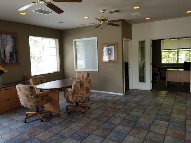 dining area featuring recessed lighting, visible vents, and baseboards