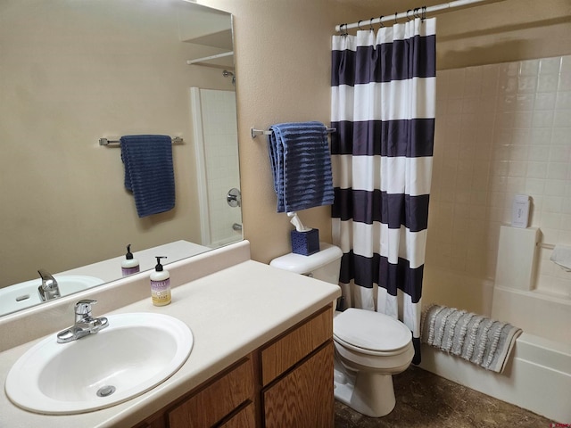 bathroom featuring toilet, shower / bath combination with curtain, and vanity