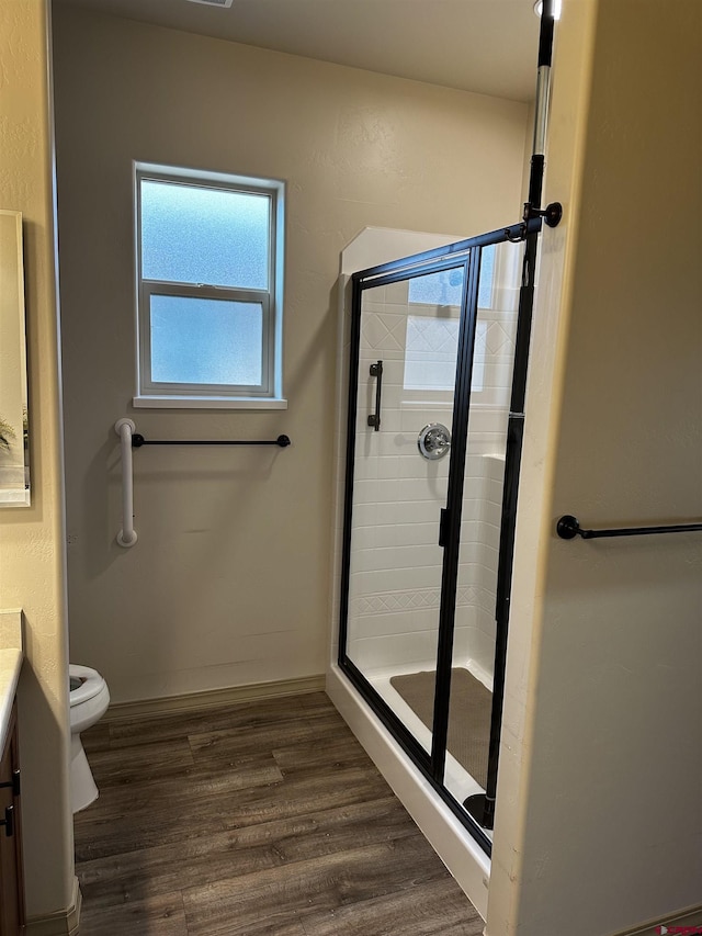 1427 Rainier Ln, Delta, CO 81416 - full bathroom with vanity, a stall shower, wood finished floors, toilet, and baseboards