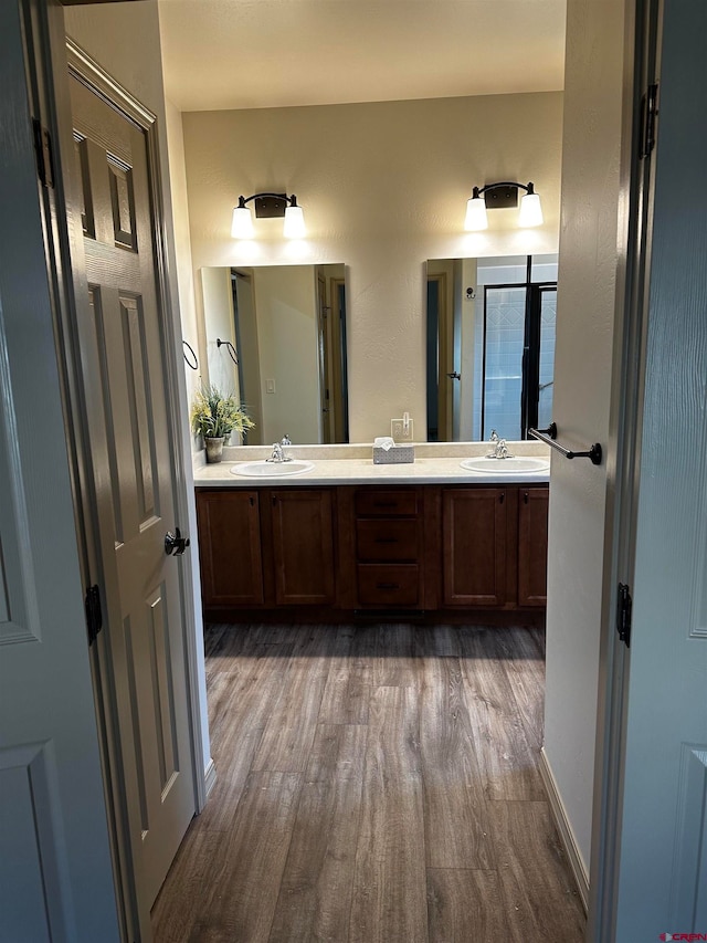 bathroom featuring wood-type flooring and vanity