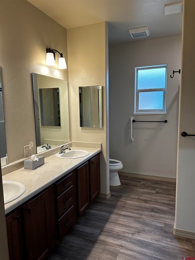 bathroom with wood-type flooring, vanity, and toilet