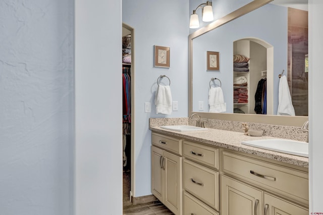 bathroom featuring vanity and hardwood / wood-style flooring