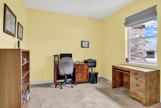 home office with light colored carpet