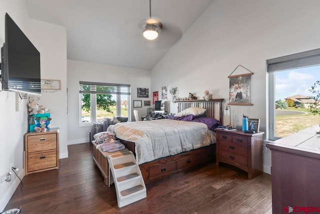 bedroom featuring dark wood-type flooring and high vaulted ceiling