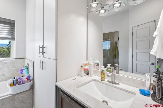 bathroom featuring vanity and a washtub