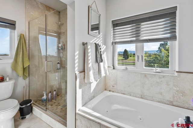 bathroom with independent shower and bath, tile patterned floors, and toilet