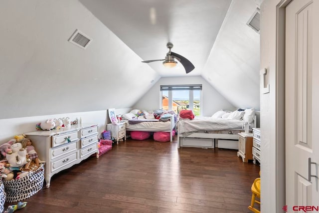 bedroom featuring vaulted ceiling, ceiling fan, and dark wood-type flooring