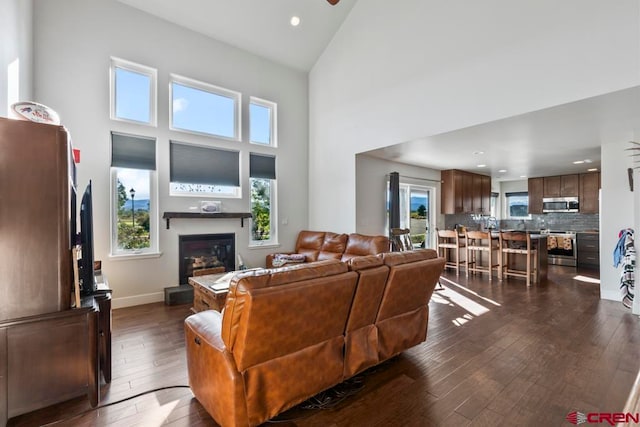 living room featuring high vaulted ceiling, dark hardwood / wood-style floors, and plenty of natural light