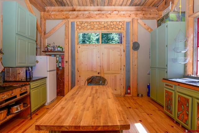 interior space featuring wood ceiling, beam ceiling, and light hardwood / wood-style flooring