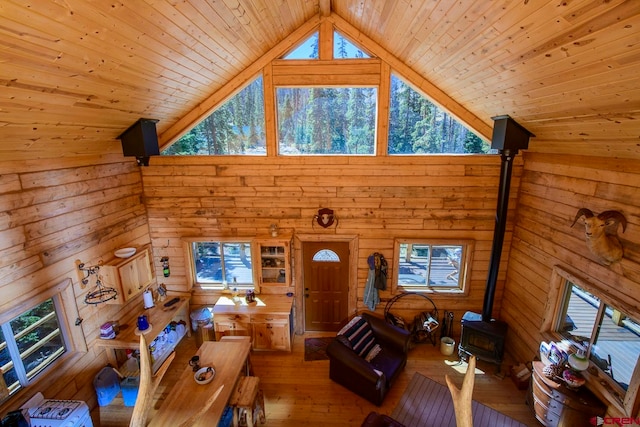 unfurnished living room featuring wooden ceiling, wooden walls, hardwood / wood-style floors, and a wood stove