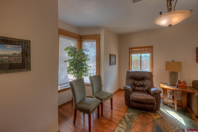 living area featuring light hardwood / wood-style floors and a textured ceiling