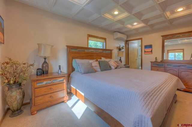 bedroom with light colored carpet, beam ceiling, coffered ceiling, and a wall mounted air conditioner