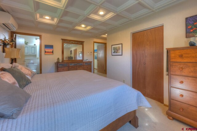 bedroom featuring coffered ceiling, beam ceiling, carpet, ornamental molding, and a wall mounted air conditioner