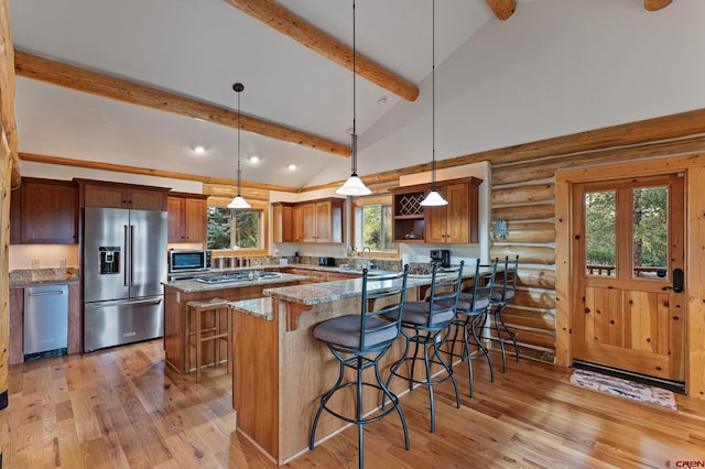 kitchen with a wealth of natural light, appliances with stainless steel finishes, and hanging light fixtures