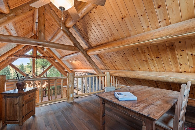 interior space featuring wooden ceiling, vaulted ceiling with beams, wood walls, and dark hardwood / wood-style floors