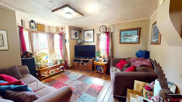 living room with wood-type flooring and a textured ceiling