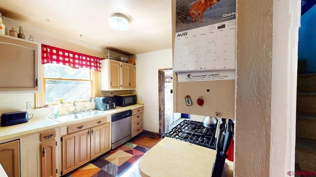 kitchen with wood-type flooring, light brown cabinetry, dishwasher, and sink