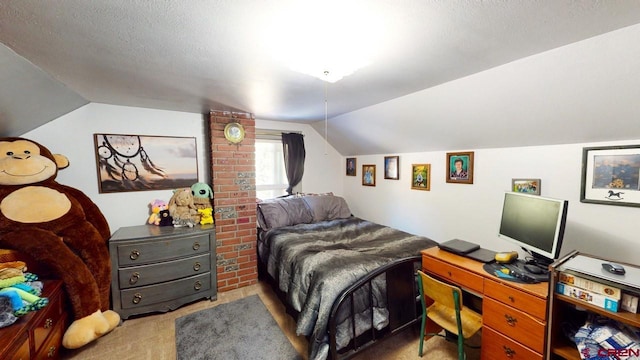 carpeted bedroom featuring a textured ceiling and lofted ceiling