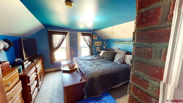 bedroom featuring a baseboard radiator, lofted ceiling, and carpet