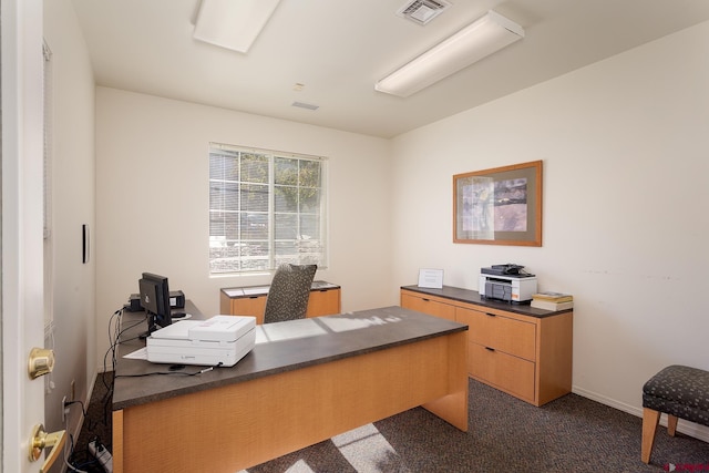 office area featuring dark carpet