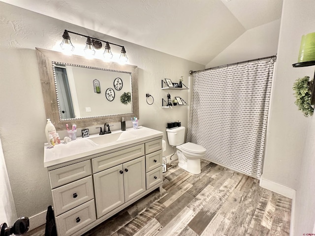 bathroom featuring wood finished floors, toilet, vanity, lofted ceiling, and backsplash