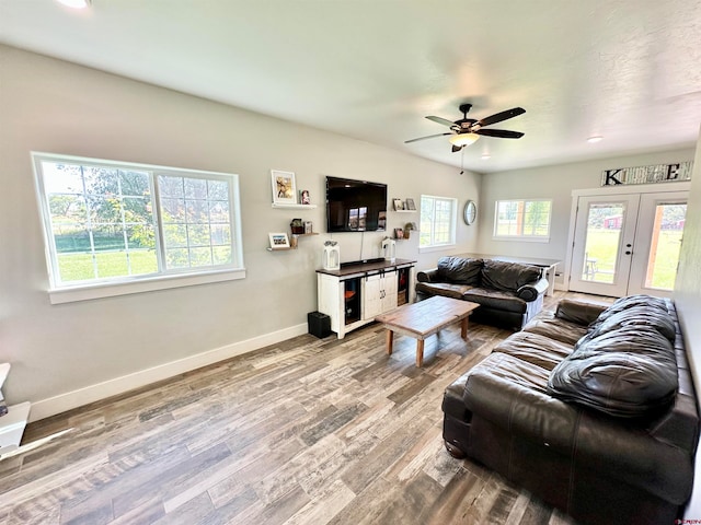 living room featuring ceiling fan and hardwood / wood-style flooring