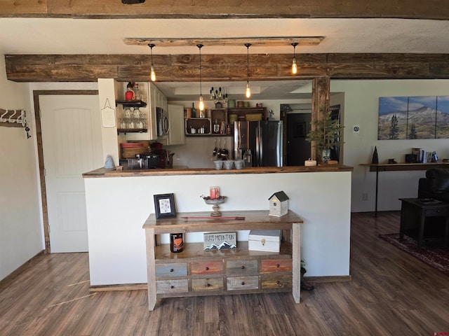 bar with beam ceiling, stainless steel appliances, hanging light fixtures, and dark hardwood / wood-style floors