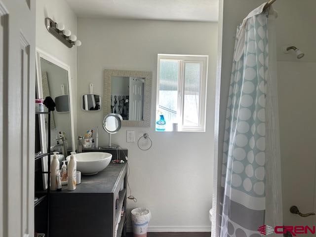 bathroom featuring hardwood / wood-style floors, walk in shower, and vanity