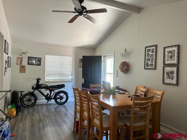 dining room with ceiling fan, beamed ceiling, dark wood-type flooring, and a wealth of natural light