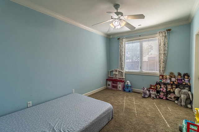 bedroom with ceiling fan, carpet floors, and ornamental molding