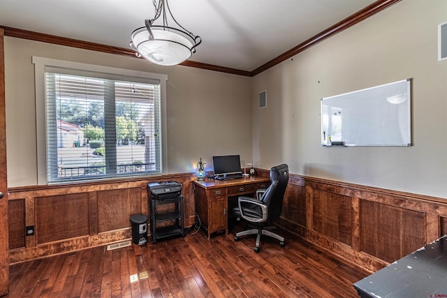 office space with wooden walls, ornamental molding, and dark hardwood / wood-style floors