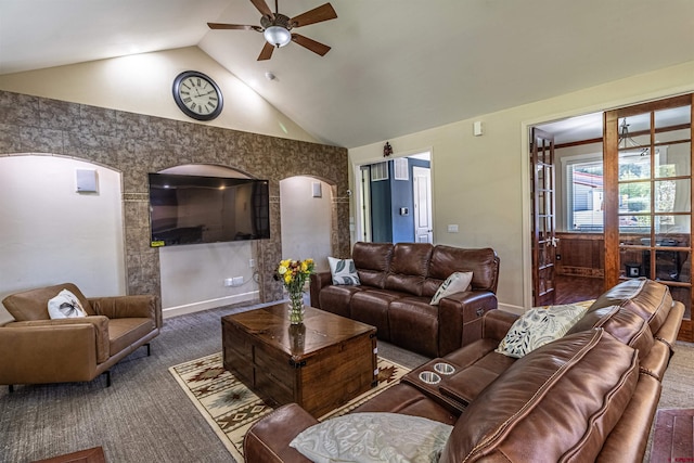 living room featuring high vaulted ceiling and ceiling fan