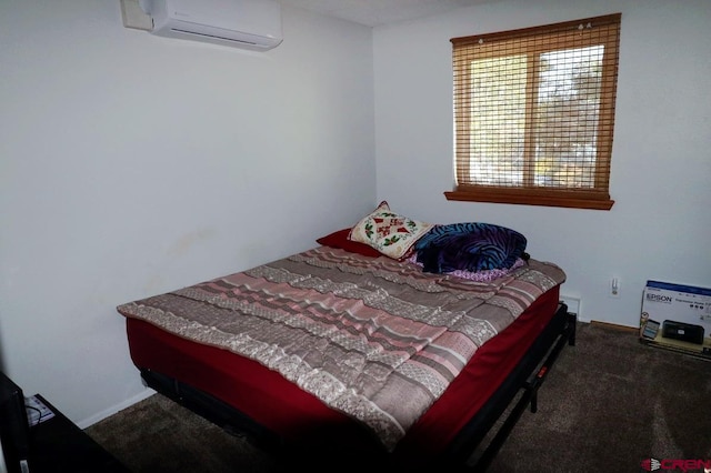 carpeted bedroom featuring a wall mounted AC