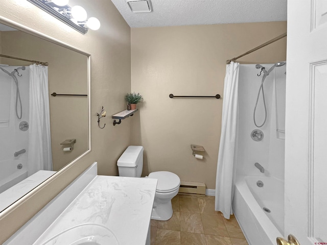 full bathroom featuring baseboard heating, shower / tub combo, a textured ceiling, and toilet