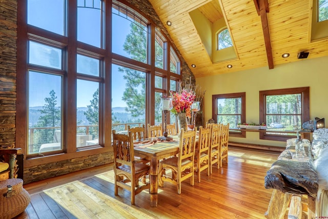 dining area with light hardwood / wood-style floors, high vaulted ceiling, a skylight, and a wealth of natural light