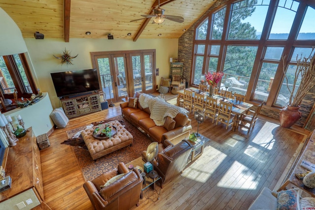 living room with high vaulted ceiling, wood-type flooring, beam ceiling, and wood ceiling