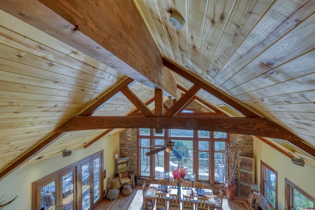 living room featuring wood-type flooring, ceiling fan, beam ceiling, and wooden ceiling