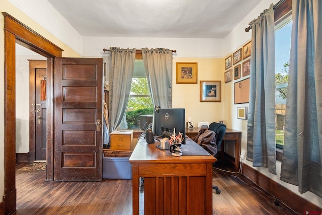 office space featuring dark wood-type flooring