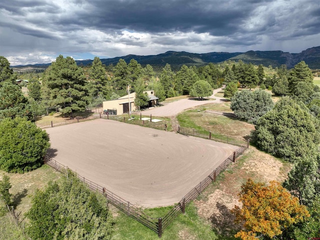 aerial view featuring a mountain view and a rural view