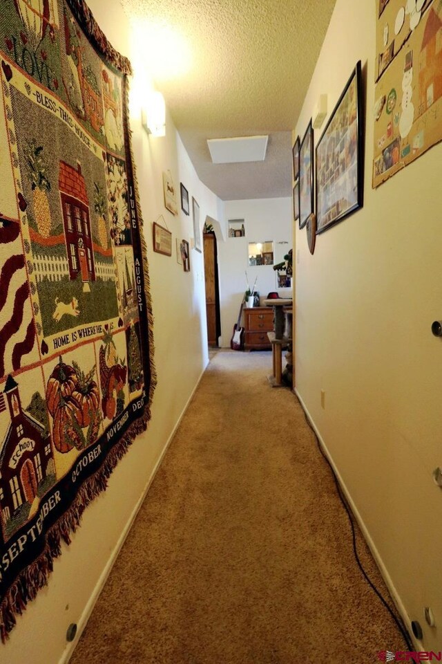 hall with a textured ceiling and carpet flooring