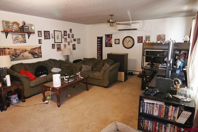 carpeted living room with a baseboard heating unit, a textured ceiling, ceiling fan, and a wall mounted air conditioner