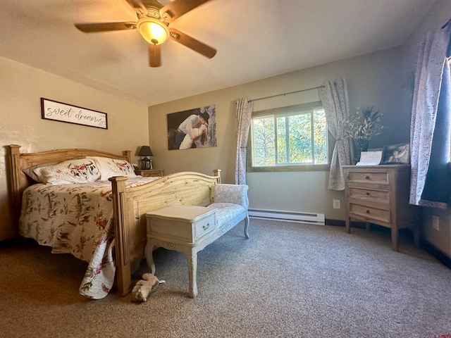 bedroom with ceiling fan, carpet floors, and a baseboard heating unit