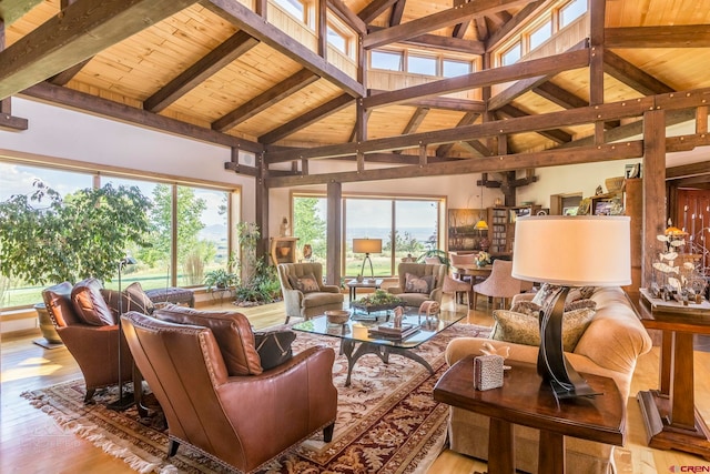 living room with light hardwood / wood-style floors, high vaulted ceiling, and a wealth of natural light