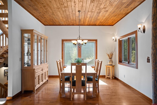 dining room featuring wooden ceiling, wood-type flooring, and a chandelier