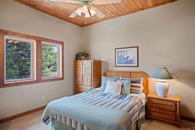 carpeted bedroom with ceiling fan and wooden ceiling