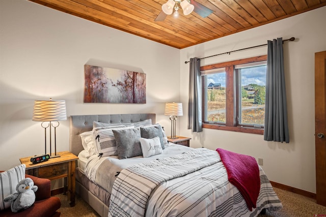 carpeted bedroom featuring ceiling fan and wooden ceiling