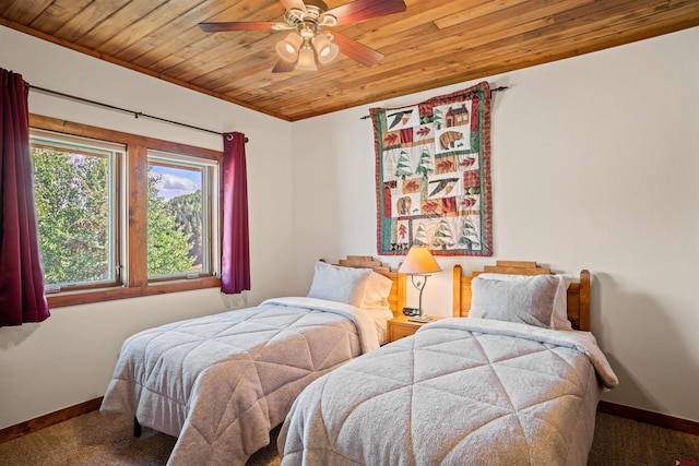 carpeted bedroom featuring ceiling fan and wooden ceiling