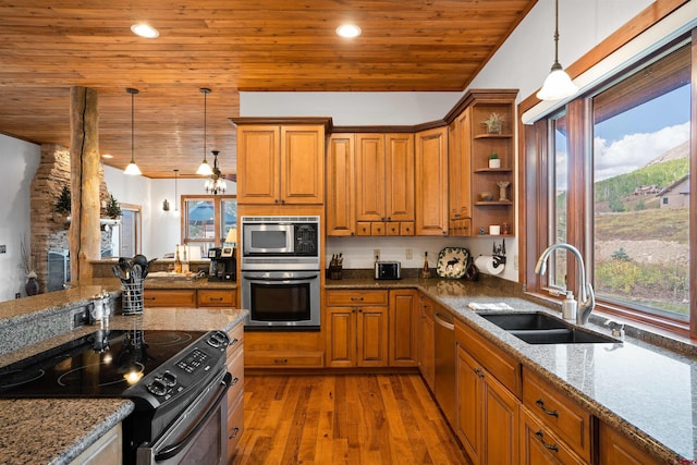 kitchen with dark stone counters, dark hardwood / wood-style floors, sink, hanging light fixtures, and appliances with stainless steel finishes