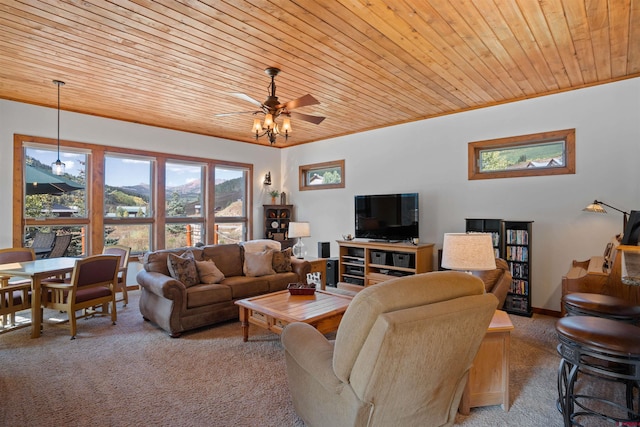 living room featuring wooden ceiling, ceiling fan, and light colored carpet