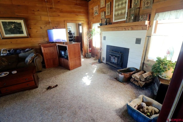 living room featuring carpet floors and wood walls